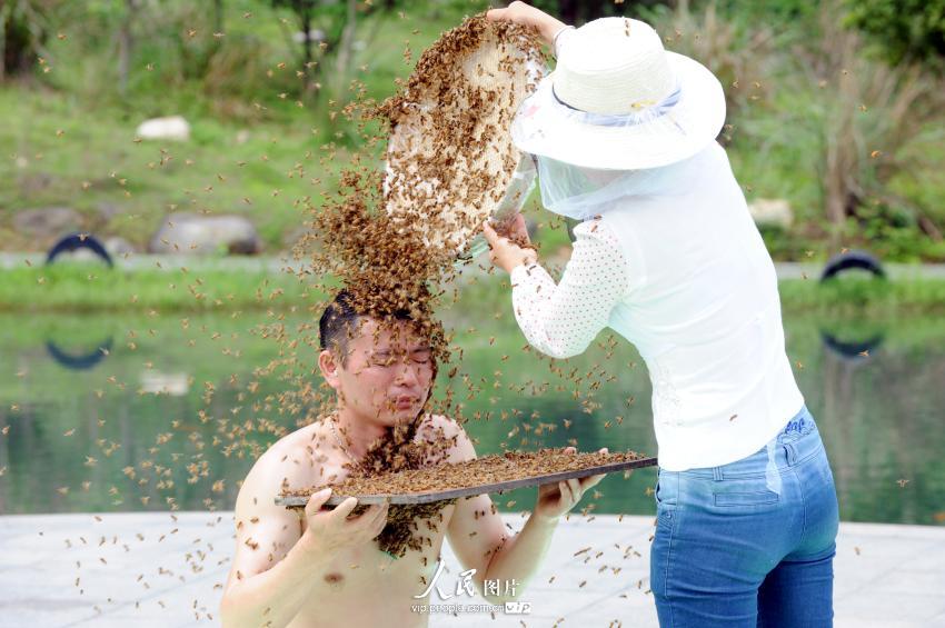 江西第一蜂人蜜蜂裹身53分34秒 创世界纪录