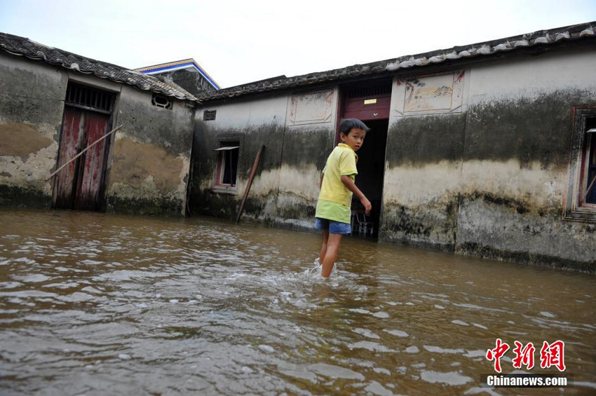 图为文昌市罗豆农场东溪村一位小朋友涉水回家。