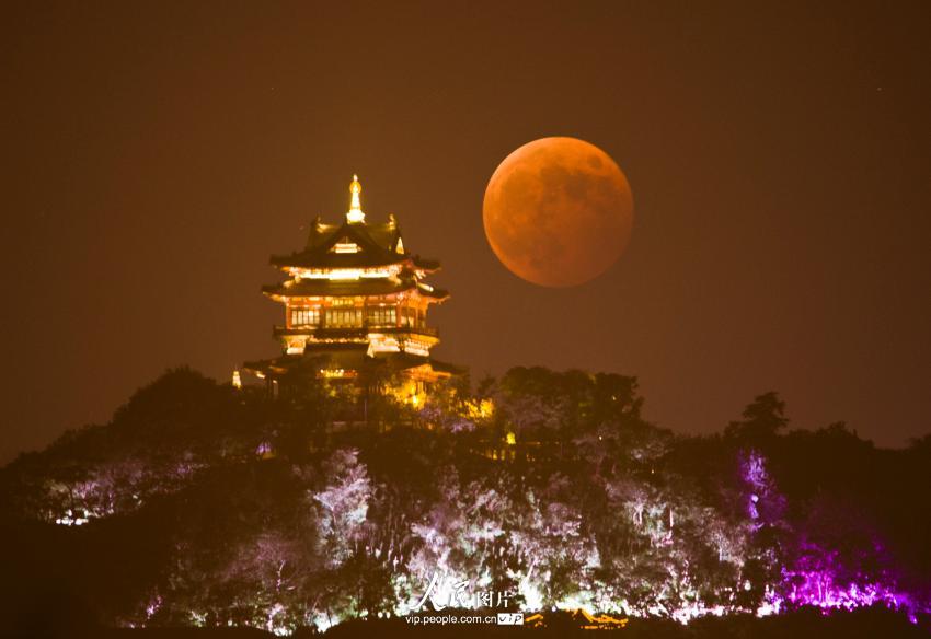 10月8日晚，江苏镇江，月全食形成的“红月亮”与灯火玲珑的云台阁相映成趣。（陈岗/人民图片）（郑重声明：凡带有“人民图片”字样图片，未经许可，不得转载。）