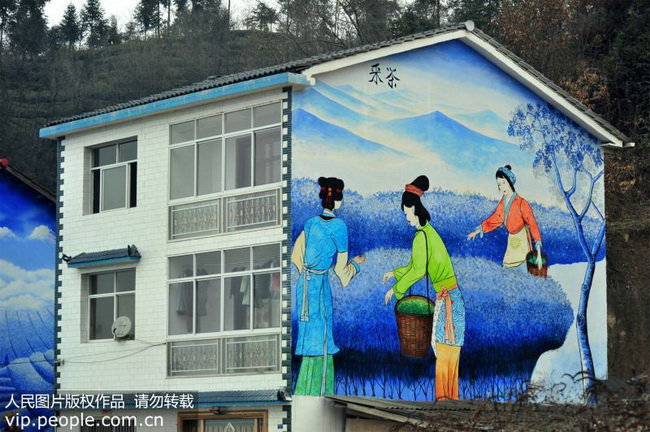 2018年12月23日，湖北省宜昌市夷陵区邓村乡民居墙面彩绘的“青花瓷”茶事活动之采茶场景。